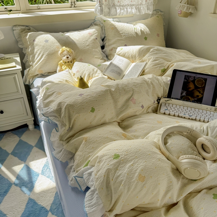 91家纺网 家纺一手货源 找家纺 繁花家居 2025新款高弹线云感木棉多层纱花边超软四件套 波点熊头