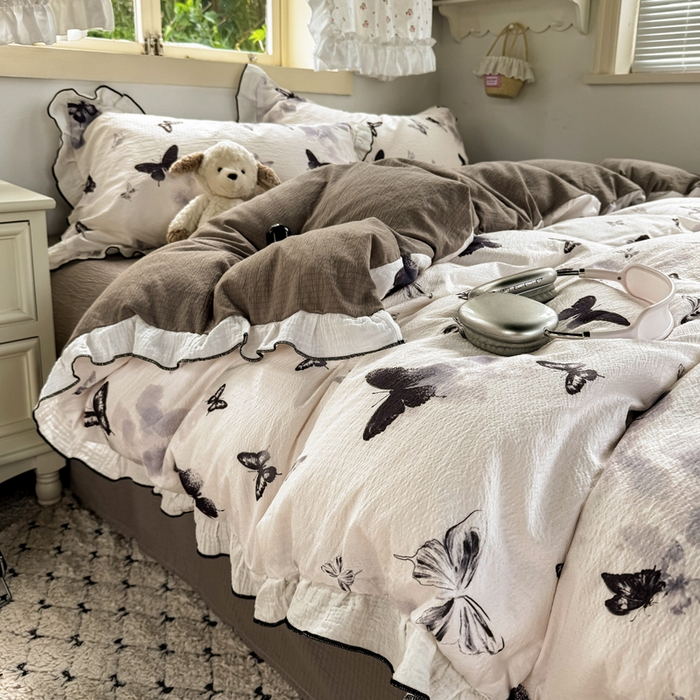 91家纺网 家纺一手货源 找家纺 繁花家居 2025新款高弹线云感木棉多层纱花边超软四件套 山水蝴蝶