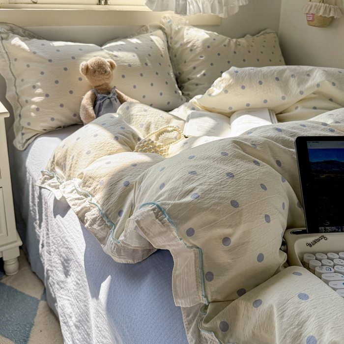 91家纺网 家纺一手货源 找家纺 繁花家居 2025新款高弹线云感木棉多层纱花边超软四件套 波点-蓝