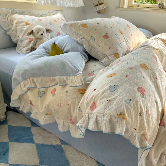 91家纺网 家纺一手货源 找家纺 繁花家居 2025新款高弹线云感木棉多层纱花边超软四件套 彩色南瓜