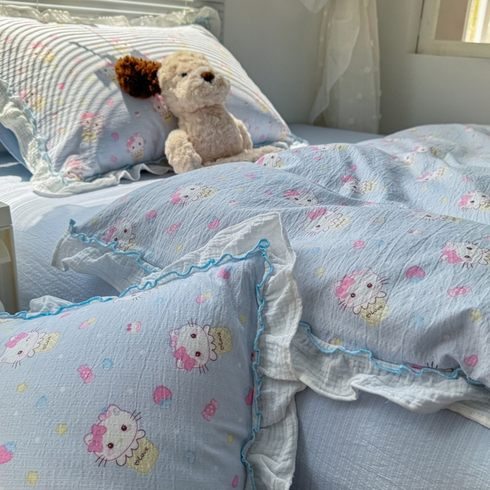 91家纺网 家纺一手货源 找家纺 繁花家居 2025新款高弹线云感木棉多层纱花边超软四件套 圣代甜喵-蓝