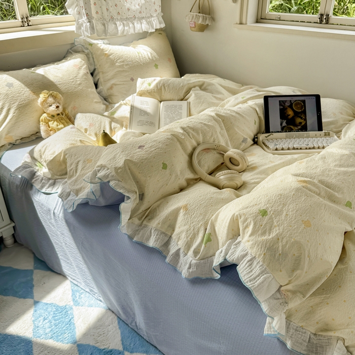 91家纺网 家纺一手货源 找家纺 繁花家居 2025新款高弹线云感木棉多层纱花边超软四件套 波点熊头