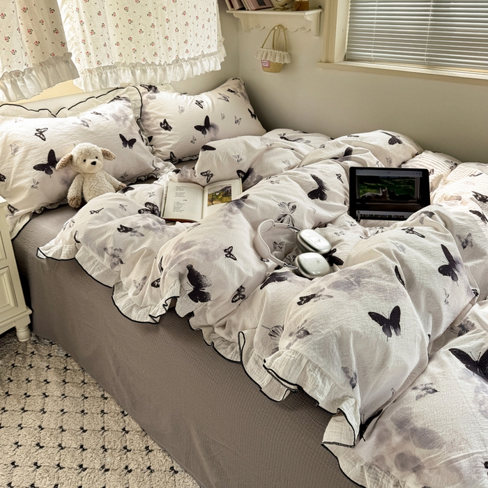 91家纺网 家纺一手货源 找家纺 繁花家居 2025新款高弹线云感木棉多层纱花边超软四件套 山水蝴蝶