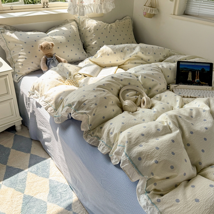 91家纺网 家纺一手货源 找家纺 繁花家居 2025新款高弹线云感木棉多层纱花边超软四件套 波点-蓝