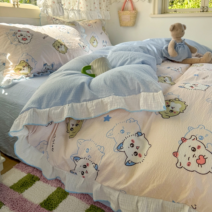 91家纺网 家纺一手货源 找家纺 繁花家居 2025新款高弹线云感木棉多层纱花边超软四件套 三小只