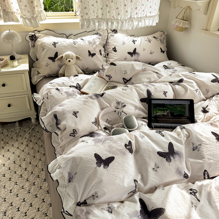 91家纺网 家纺一手货源 找家纺 繁花家居 2025新款高弹线云感木棉多层纱花边超软四件套 山水蝴蝶