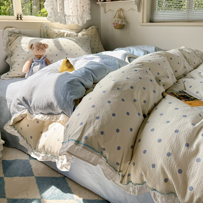 91家纺网 家纺一手货源 找家纺 繁花家居 2025新款高弹线云感木棉多层纱花边超软四件套 波点-蓝