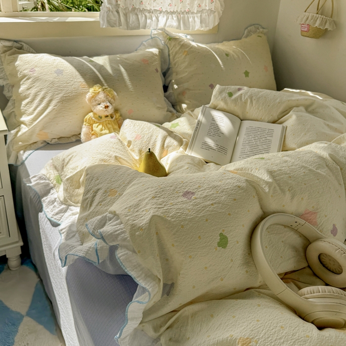 91家纺网 家纺一手货源 找家纺 繁花家居 2025新款高弹线云感木棉多层纱花边超软四件套 波点熊头