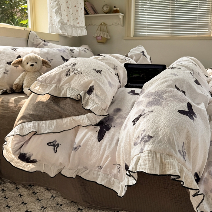 91家纺网 家纺一手货源 找家纺 繁花家居 2025新款高弹线云感木棉多层纱花边超软四件套 山水蝴蝶