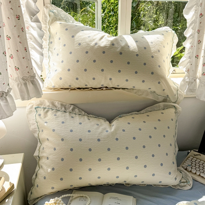 91家纺网 家纺一手货源 找家纺 繁花家居 2025新款高弹线云感木棉多层纱花边超软四件套 波点-蓝