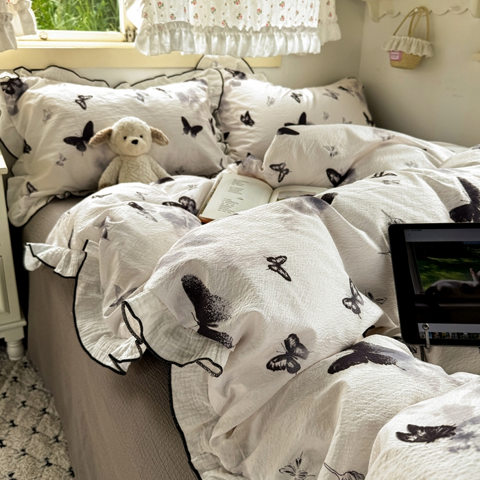 91家纺网 家纺一手货源 找家纺 繁花家居 2025新款高弹线云感木棉多层纱花边超软四件套 山水蝴蝶