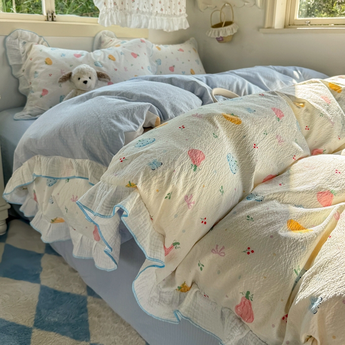 91家纺网 家纺一手货源 找家纺 繁花家居 2025新款高弹线云感木棉多层纱花边超软四件套 彩色南瓜