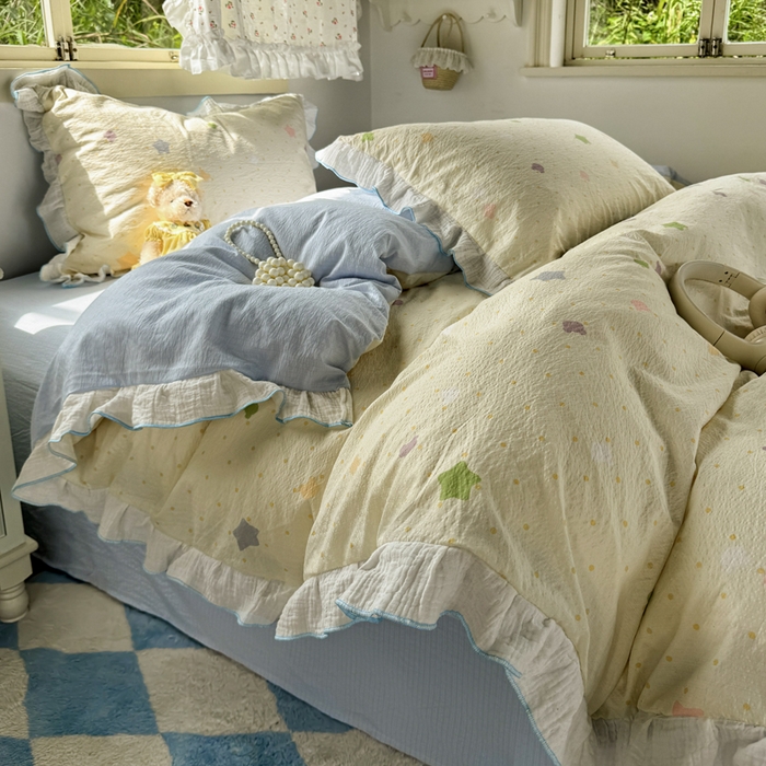 91家纺网 家纺一手货源 找家纺 繁花家居 2025新款高弹线云感木棉多层纱花边超软四件套 波点熊头