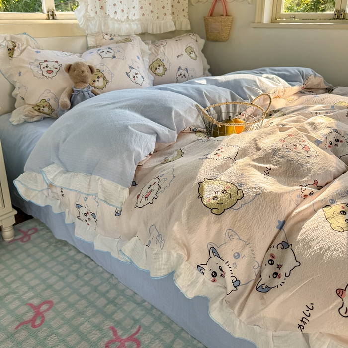 繁花家居 2025新款高弹线云感木棉多层纱花边超软四件套 三小只