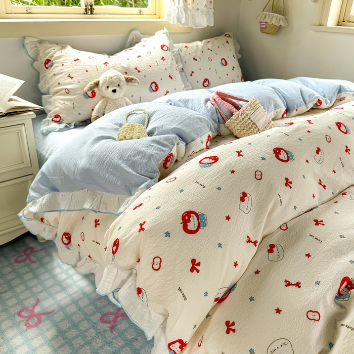 91家纺网 家纺一手货源 找家纺 繁花家居 2025新款高弹线云感木棉多层纱花边超软四件套 小猫苹果