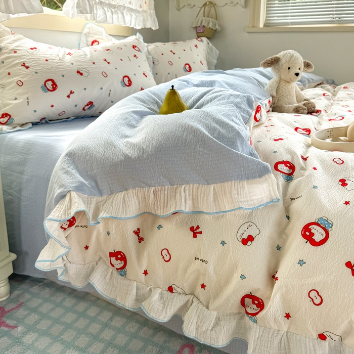 91家纺网 家纺一手货源 找家纺 繁花家居 2025新款高弹线云感木棉多层纱花边超软四件套 小猫苹果