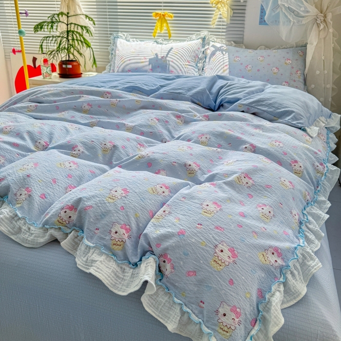 91家纺网 家纺一手货源 找家纺 繁花家居 2025新款高弹线云感木棉多层纱花边超软四件套 圣代甜喵-蓝