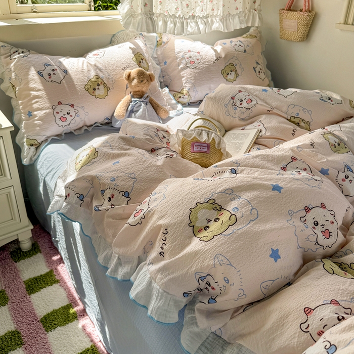 91家纺网 家纺一手货源 找家纺 繁花家居 2025新款高弹线云感木棉多层纱花边超软四件套 三小只