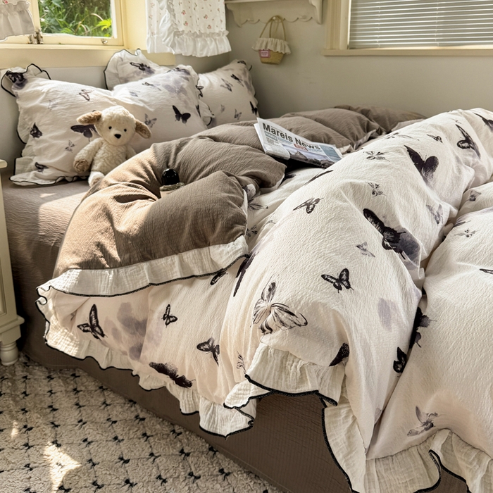 91家纺网 家纺一手货源 找家纺 繁花家居 2025新款高弹线云感木棉多层纱花边超软四件套 山水蝴蝶