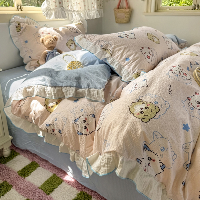 91家纺网 家纺一手货源 找家纺 繁花家居 2025新款高弹线云感木棉多层纱花边超软四件套 三小只