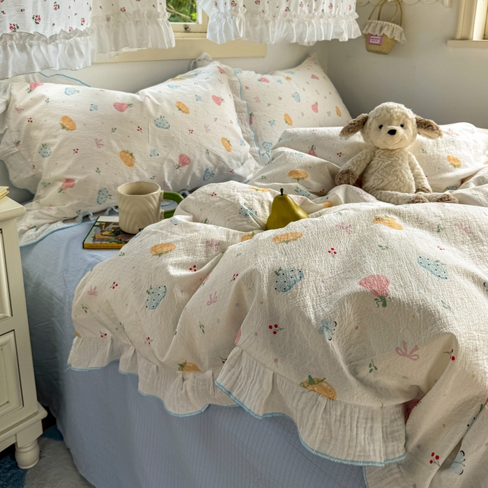 91家纺网 家纺一手货源 找家纺 繁花家居 2025新款高弹线云感木棉多层纱花边超软四件套 彩色南瓜