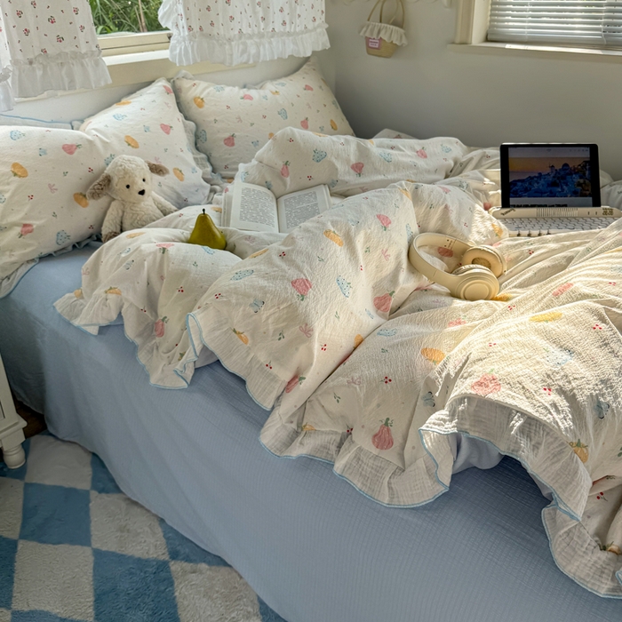 91家纺网 家纺一手货源 找家纺 繁花家居 2025新款高弹线云感木棉多层纱花边超软四件套 彩色南瓜