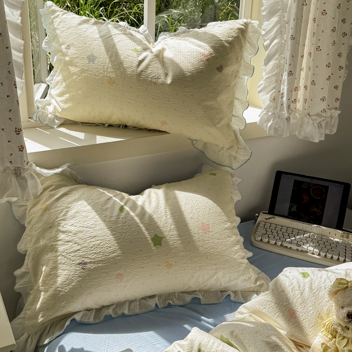 91家纺网 家纺一手货源 找家纺 繁花家居 2025新款高弹线云感木棉多层纱花边超软四件套 波点熊头