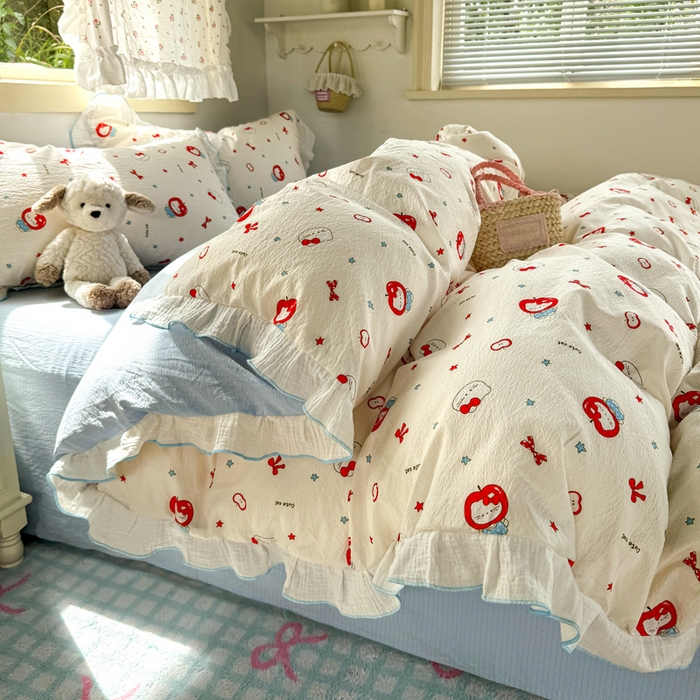 91家纺网 家纺一手货源 找家纺 繁花家居 2025新款高弹线云感木棉多层纱花边超软四件套 小猫苹果