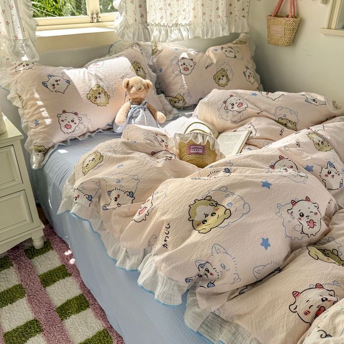 91家纺网 家纺一手货源 找家纺 繁花家居 2025新款高弹线云感木棉多层纱花边超软四件套 三小只