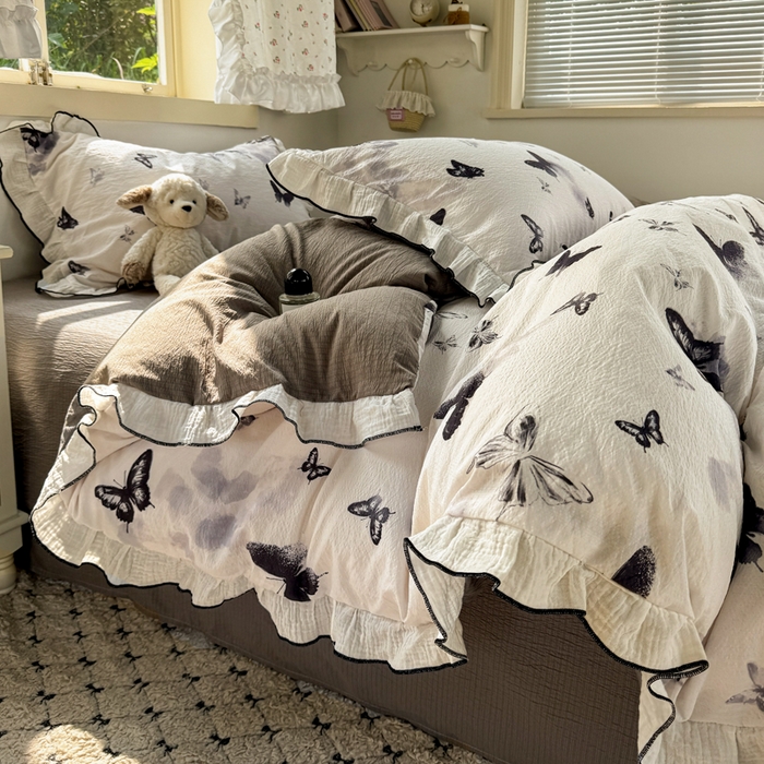 91家纺网 家纺一手货源 找家纺 繁花家居 2025新款高弹线云感木棉多层纱花边超软四件套 山水蝴蝶