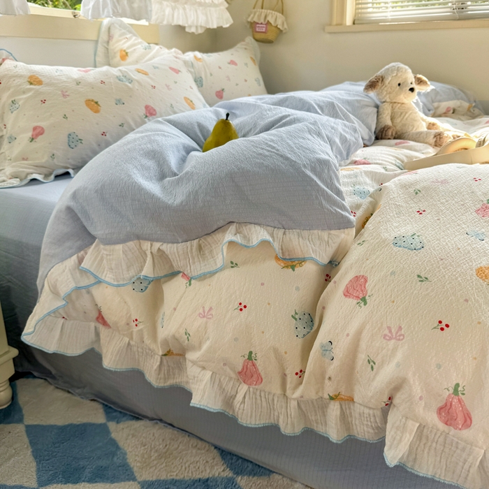 91家纺网 家纺一手货源 找家纺 繁花家居 2025新款高弹线云感木棉多层纱花边超软四件套 彩色南瓜