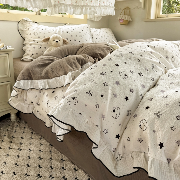 繁花家居 2025新款高弹线云感木棉多层纱花边超软四件套 灰头小猫