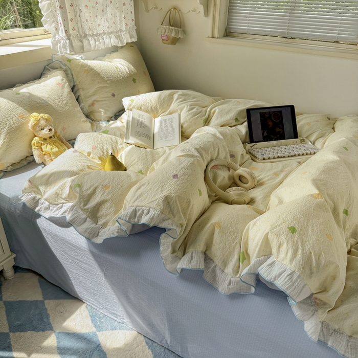 91家纺网 家纺一手货源 找家纺 繁花家居 2025新款高弹线云感木棉多层纱花边超软四件套 波点熊头