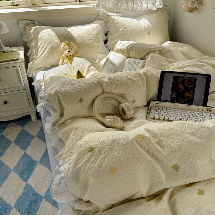 91家纺网 家纺一手货源 找家纺 繁花家居 2025新款高弹线云感木棉多层纱花边超软四件套 波点熊头