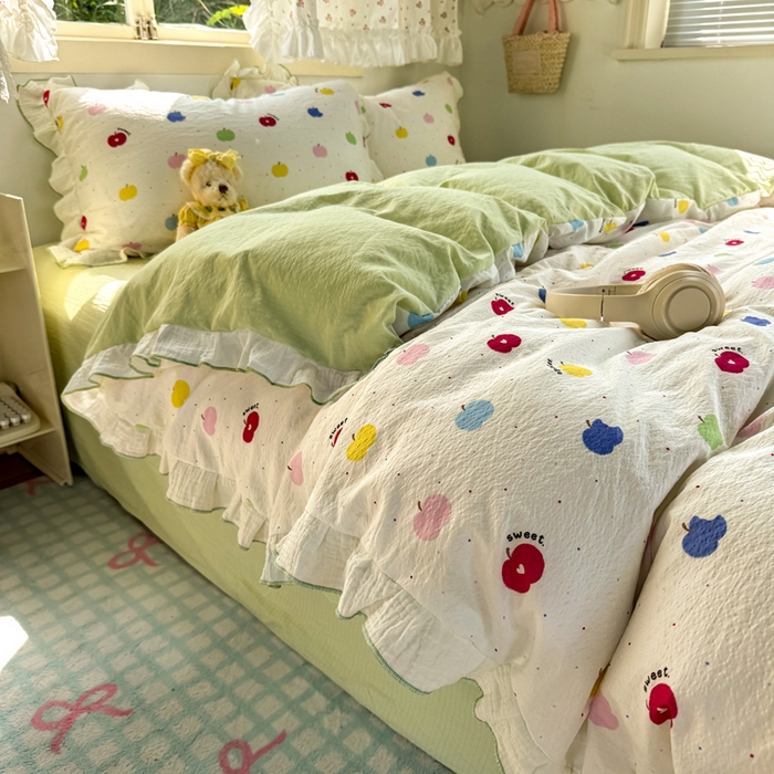 繁花家居 2025新款高弹线云感木棉多层纱花边超软四件套 彩色苹果