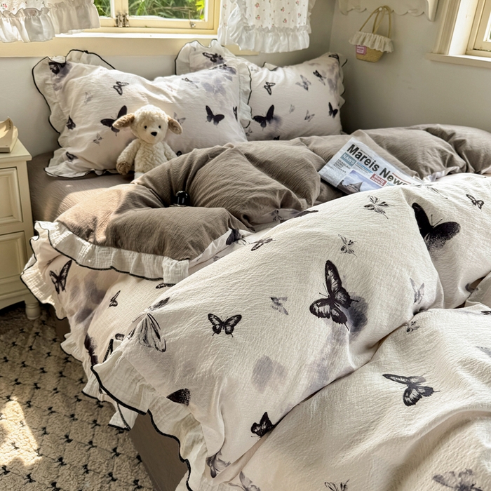 91家纺网 家纺一手货源 找家纺 繁花家居 2025新款高弹线云感木棉多层纱花边超软四件套 山水蝴蝶