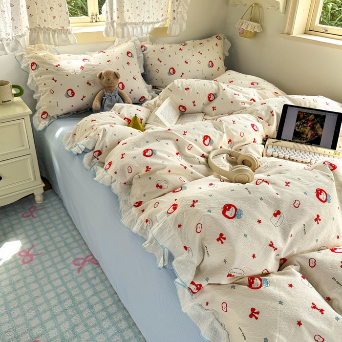 91家纺网 家纺一手货源 找家纺 繁花家居 2025新款高弹线云感木棉多层纱花边超软四件套 小猫苹果