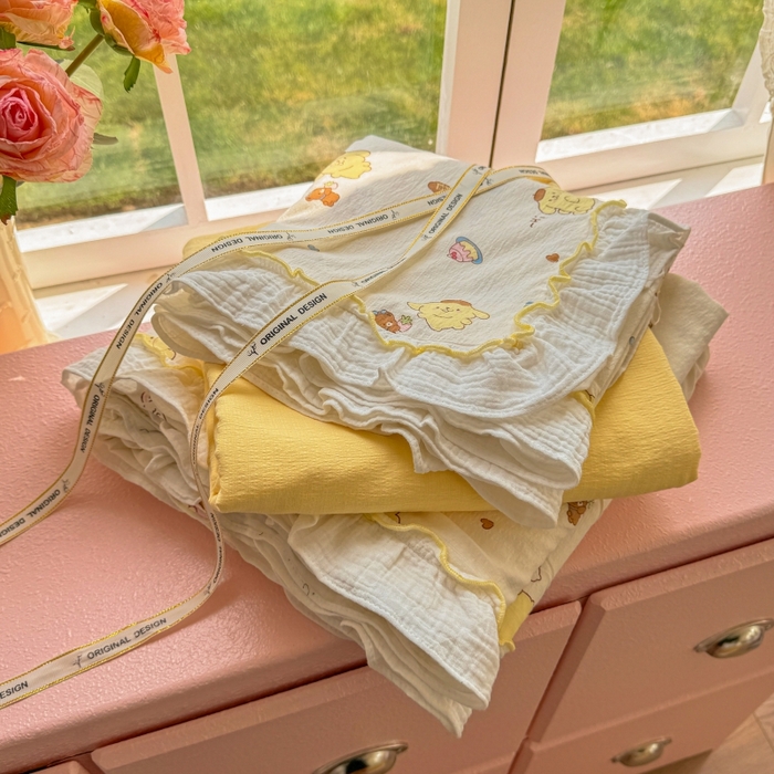 91家纺网 家纺一手货源 找家纺 繁花家居 2025新款高弹线云感木棉多层纱花边超软四件套 小狗布丁