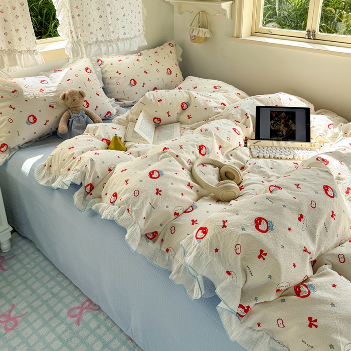 91家纺网 家纺一手货源 找家纺 繁花家居 2025新款高弹线云感木棉多层纱花边超软四件套 小猫苹果