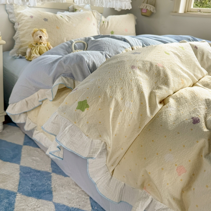 91家纺网 家纺一手货源 找家纺 繁花家居 2025新款高弹线云感木棉多层纱花边超软四件套 波点熊头