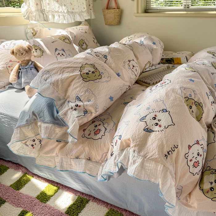 91家纺网 家纺一手货源 找家纺 繁花家居 2025新款高弹线云感木棉多层纱花边超软四件套 三小只