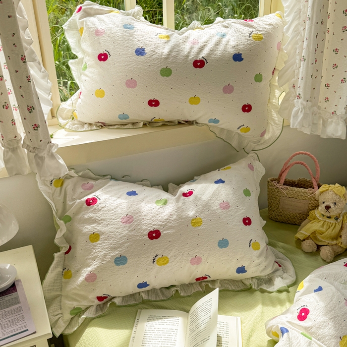 91家纺网 家纺一手货源 找家纺 繁花家居 2025新款高弹线云感木棉多层纱花边超软四件套 彩色苹果