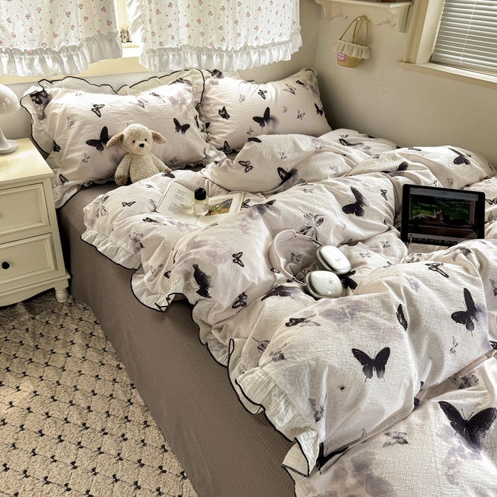 91家纺网 家纺一手货源 找家纺 繁花家居 2025新款高弹线云感木棉多层纱花边超软四件套 山水蝴蝶