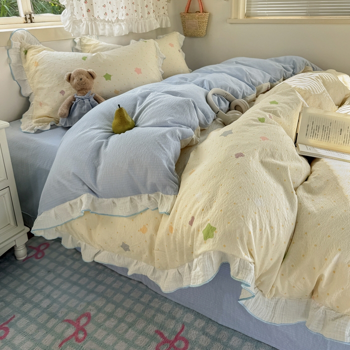 91家纺网 家纺一手货源 找家纺 繁花家居 2025新款高弹线云感木棉多层纱花边超软四件套 波点熊头