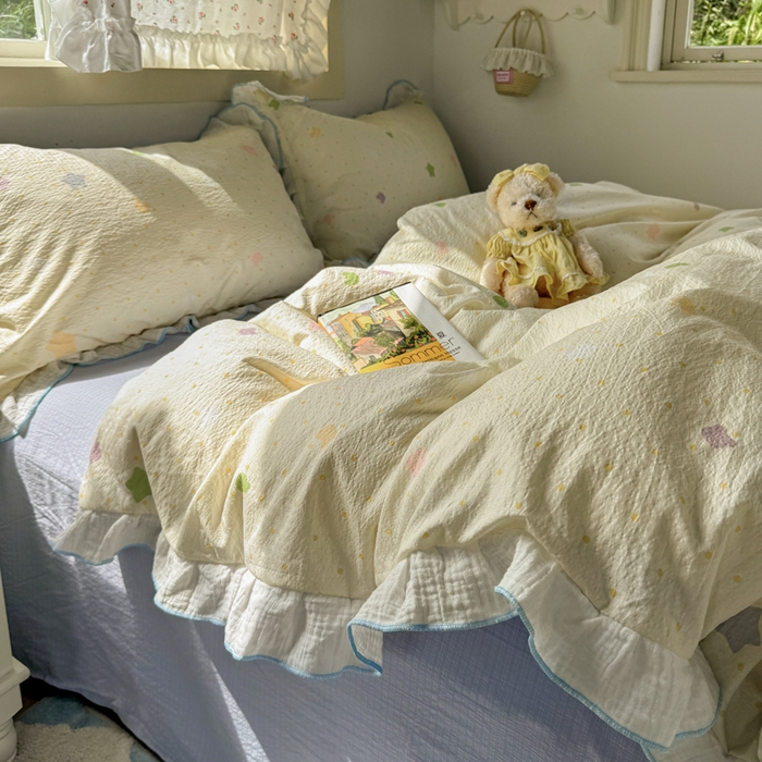 91家纺网 家纺一手货源 找家纺 繁花家居 2025新款高弹线云感木棉多层纱花边超软四件套 波点熊头