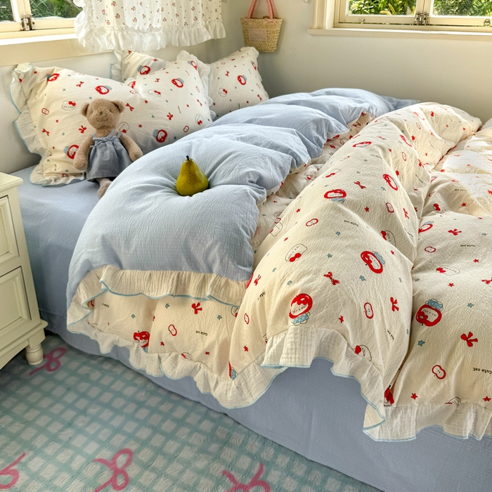 91家纺网 家纺一手货源 找家纺 繁花家居 2025新款高弹线云感木棉多层纱花边超软四件套 小猫苹果