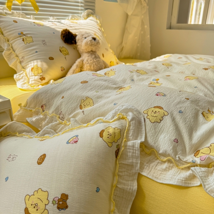 91家纺网 家纺一手货源 找家纺 繁花家居 2025新款高弹线云感木棉多层纱花边超软四件套 小狗布丁