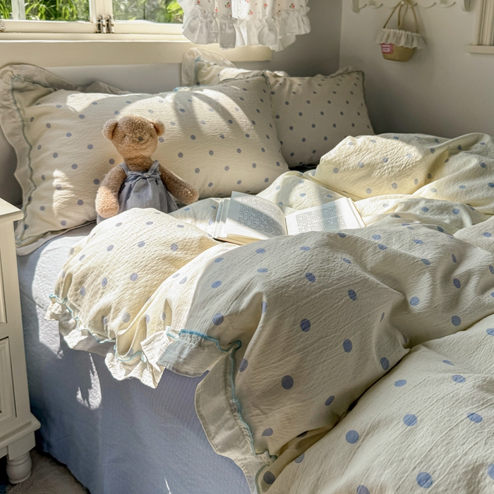 91家纺网 家纺一手货源 找家纺 繁花家居 2025新款高弹线云感木棉多层纱花边超软四件套 波点-蓝