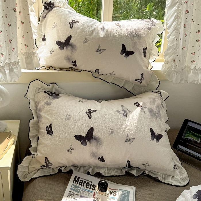 91家纺网 家纺一手货源 找家纺 繁花家居 2025新款高弹线云感木棉多层纱花边超软四件套 山水蝴蝶