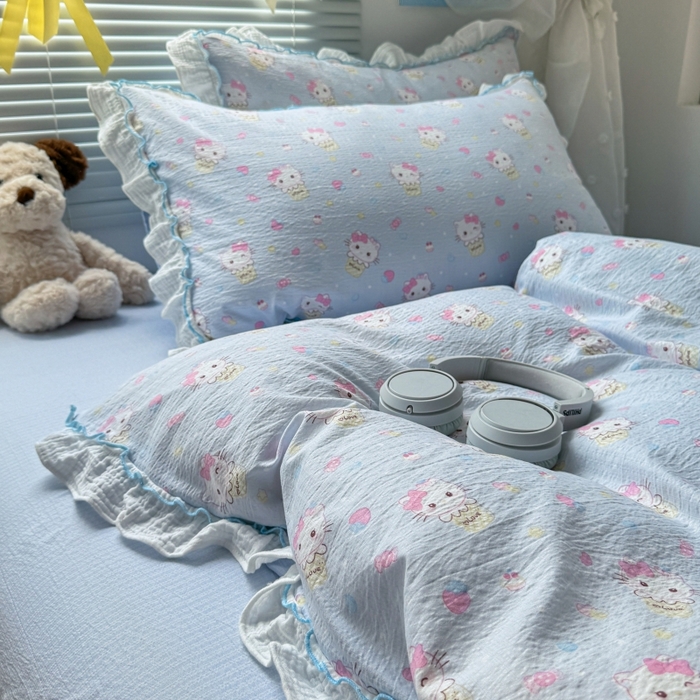 91家纺网 家纺一手货源 找家纺 繁花家居 2025新款高弹线云感木棉多层纱花边超软四件套 圣代甜喵-蓝